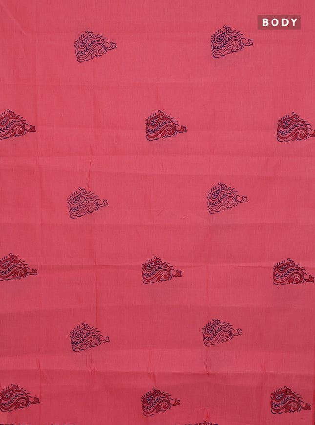Semi silk cotton saree peach pink and navy blue with plain body and printed border