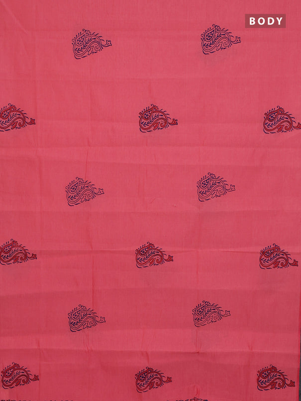 Semi silk cotton saree peach pink and navy blue with plain body and printed border