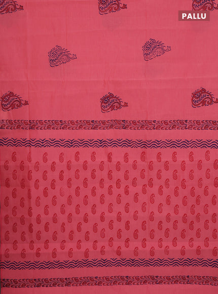 Semi silk cotton saree peach pink and navy blue with plain body and printed border