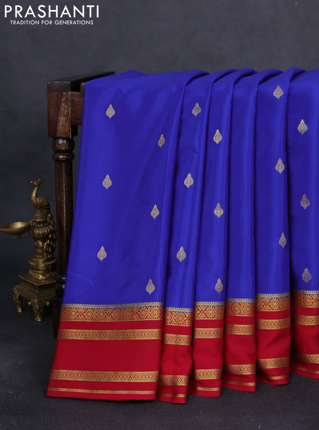 Pure mysore silk saree blue and red with allover zari woven buttas and zari woven border