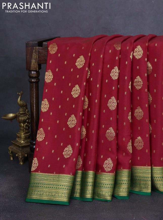 Pure mysore silk saree red and green with allover zari woven buttas and zari woven border