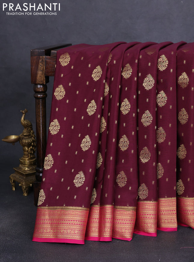 Pure mysore silk saree deep maroon and pink with allover zari woven buttas and zari woven border