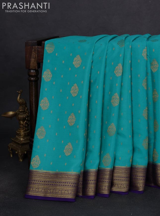 Pure mysore silk saree teal blue and navy blue with allover zari woven buttas and zari woven border