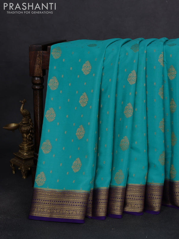 Pure mysore silk saree teal blue and navy blue with allover zari woven buttas and zari woven border
