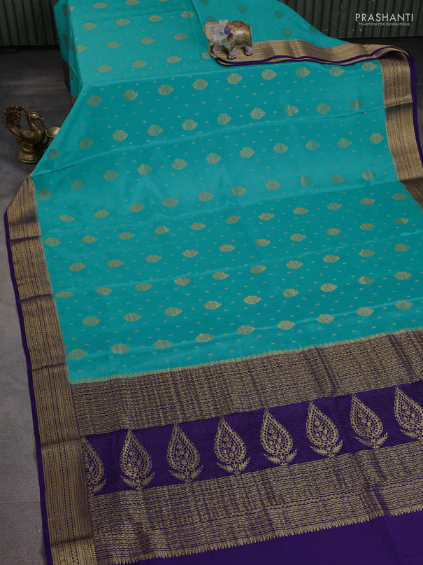 Pure mysore silk saree teal blue and navy blue with allover zari woven buttas and zari woven border