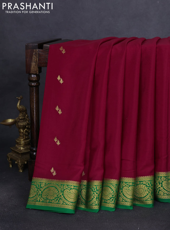 Pure mysore silk saree red and green with allover zari woven buttas and zari woven border