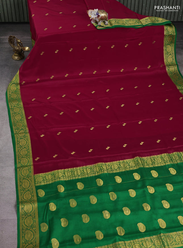 Pure mysore silk saree red and green with allover zari woven buttas and zari woven border