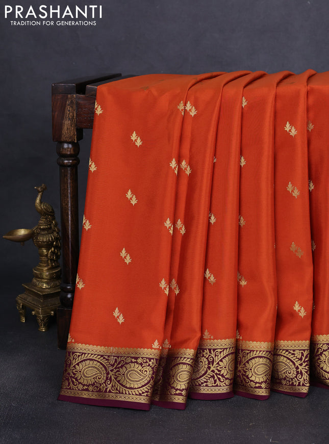Pure mysore silk saree orange and wine shade with allover zari woven buttas and zari woven border