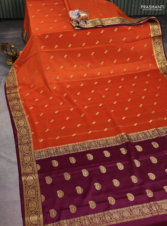 Pure mysore silk saree orange and wine shade with allover zari woven buttas and zari woven border
