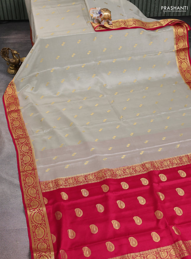 Pure mysore silk saree pastel grey and pink with allover zari woven buttas and zari woven border