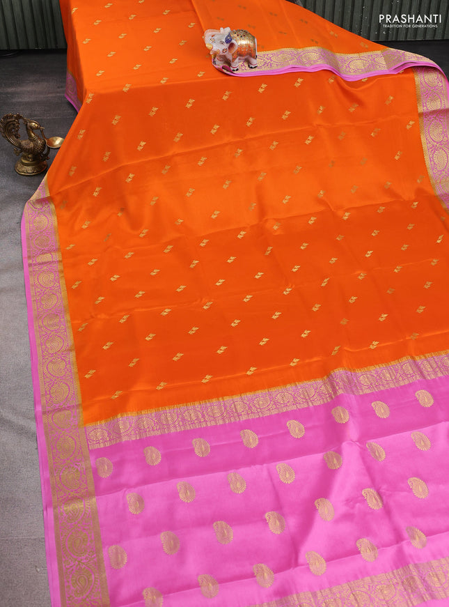 Pure mysore silk saree orange and light pink with allover zari woven buttas and zari woven border