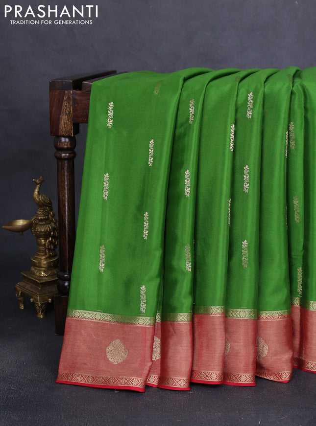 Pure mysore silk saree green and red with zari woven buttas and zari woven border