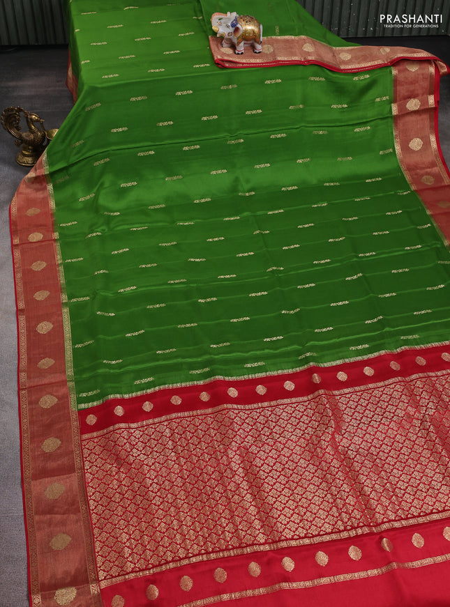 Pure mysore silk saree green and red with zari woven buttas and zari woven border