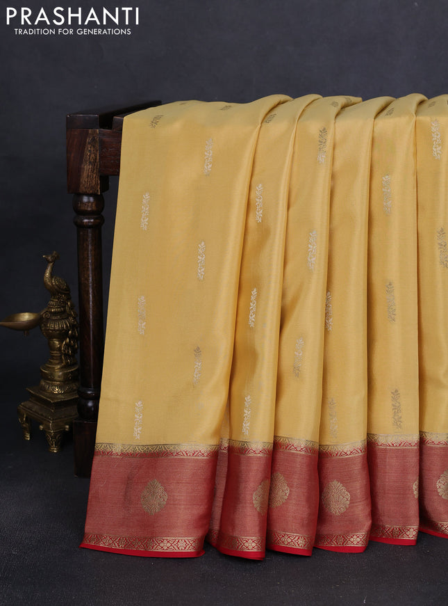 Pure mysore silk saree pale yellow and red with zari woven buttas and zari woven border