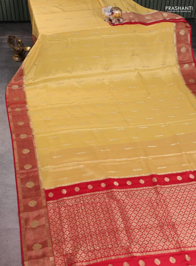 Pure mysore silk saree pale yellow and red with zari woven buttas and zari woven border
