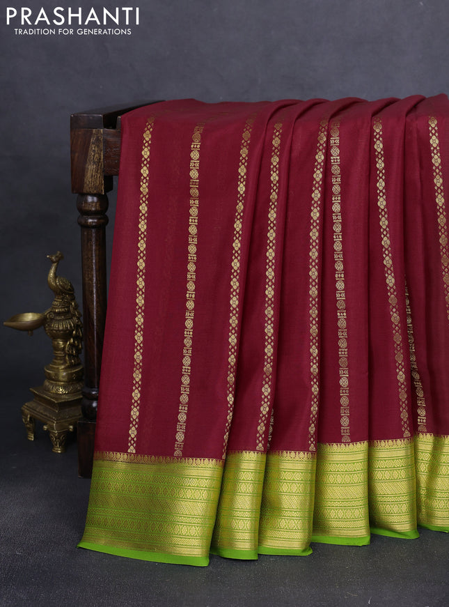 Pure mysore silk saree maroon and light green with allover zari weaves and zari woven border