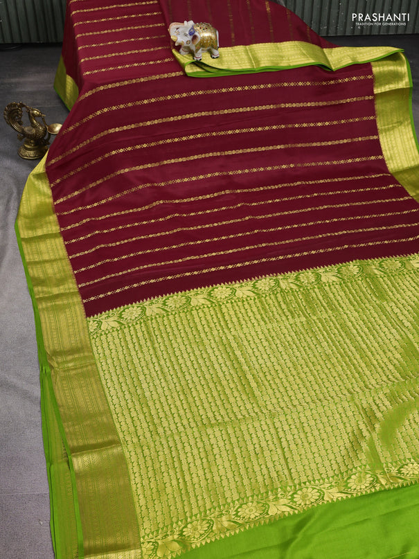 Pure mysore silk saree maroon and light green with allover zari weaves and zari woven border