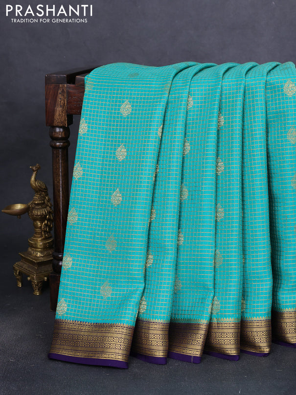Pure mysore silk saree teal green and navy blue with allover small zari checks & buttas and zari woven border