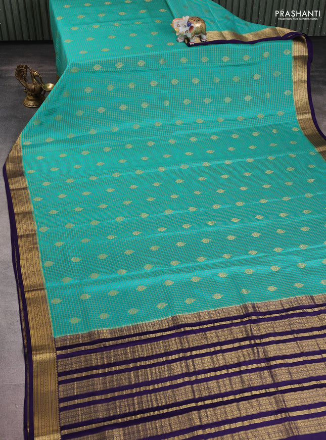 Pure mysore silk saree teal green and navy blue with allover small zari checks & buttas and zari woven border