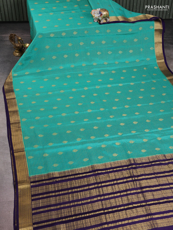 Pure mysore silk saree teal green and navy blue with allover small zari checks & buttas and zari woven border