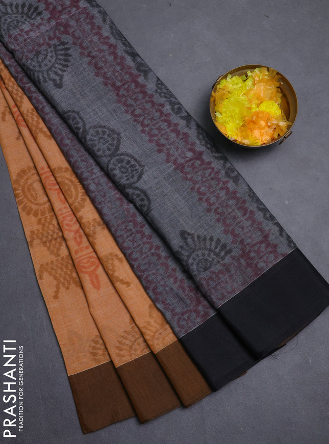 Bengal soft cotton saree mustard yellow and black with allover weaves and simple border