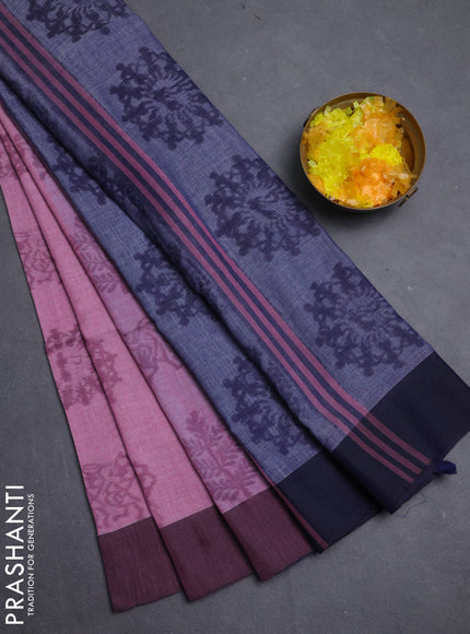 Bengal soft cotton saree pastel pink and navy blue with butta weaves and simple border