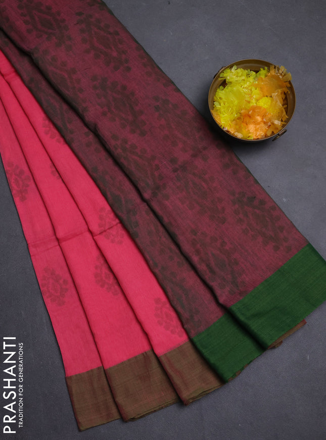 Bengal soft cotton saree candy pink and green with butta weaves and simple border