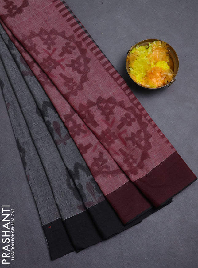 Bengal soft cotton saree grey and maroon with allover weaves and simple border