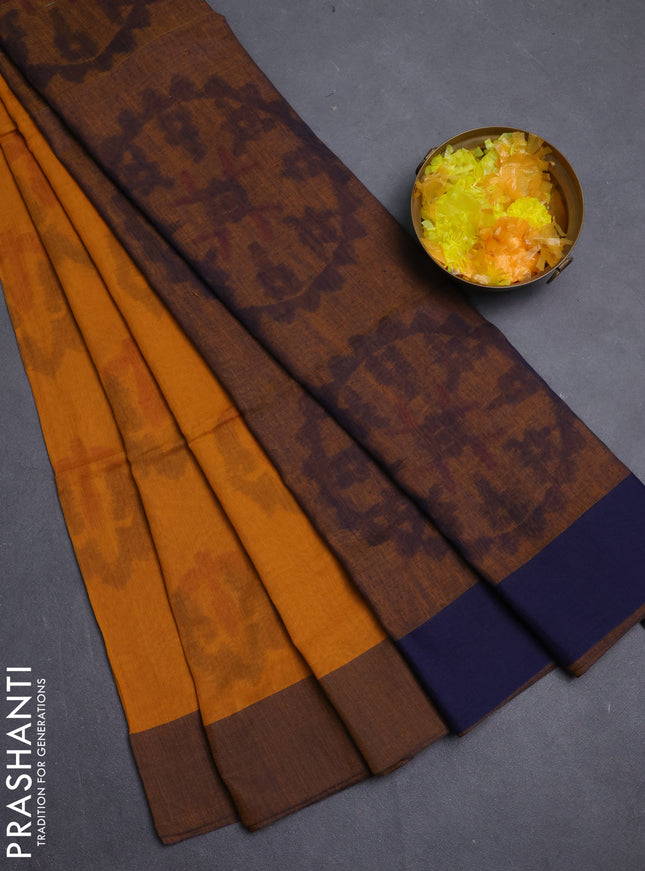 Bengal soft cotton saree yellow and navy blue with allover weaves and simple border