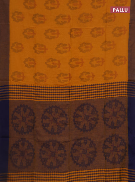 Bengal soft cotton saree yellow and navy blue with allover weaves and simple border
