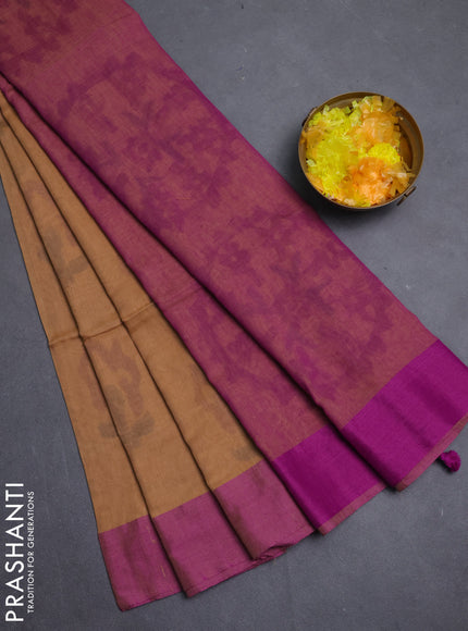 Bengal soft cotton saree sandal and purple with allover weaves and simple border
