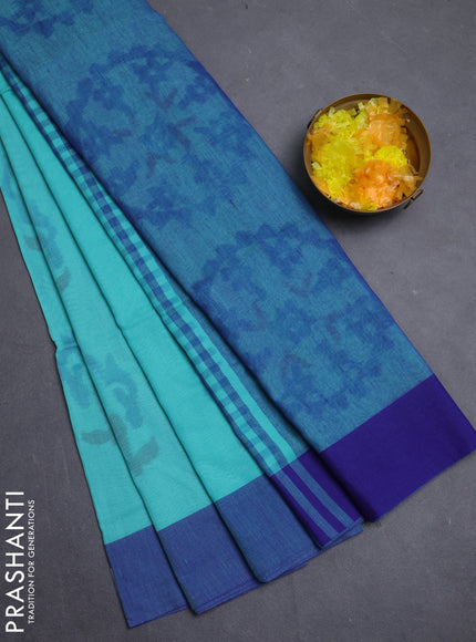 Bengal soft cotton saree teal blue and blue with allover weaves and simple border