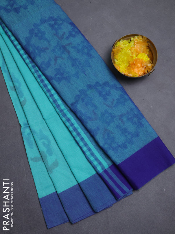 Bengal soft cotton saree teal blue and blue with allover weaves and simple border