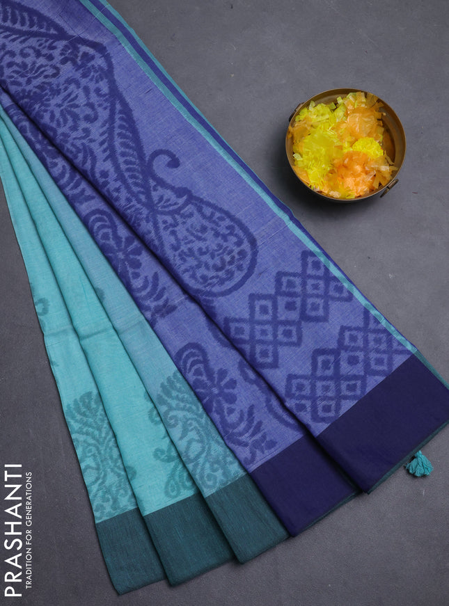 Bengal soft cotton saree teal blue and blue with allover weaves and simple border