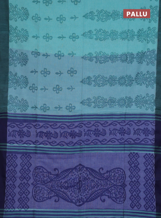 Bengal soft cotton saree teal blue and blue with allover weaves and simple border