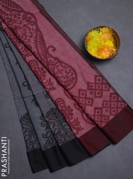 Bengal soft cotton saree grey and maroon with allover weaves and simple border