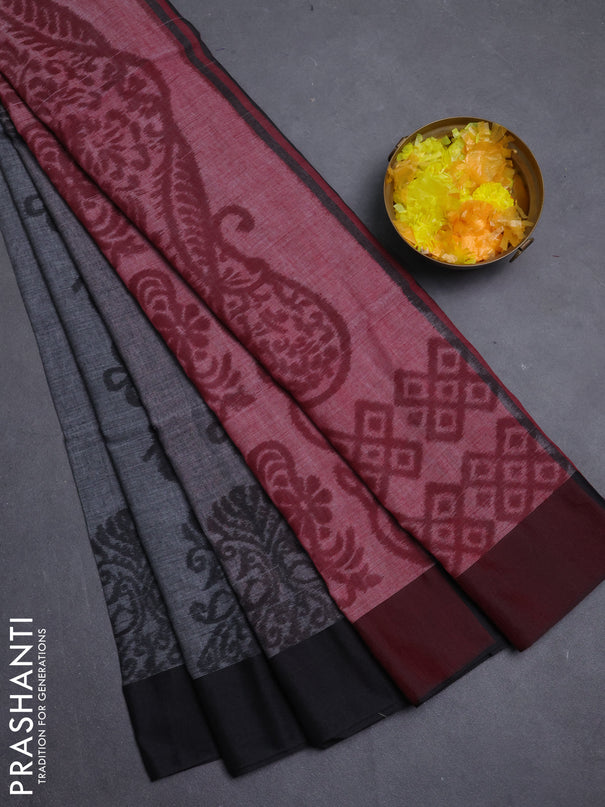 Bengal soft cotton saree grey and maroon with allover weaves and simple border