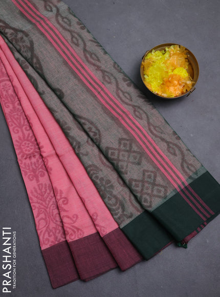 Bengal soft cotton saree peach pink and greyish green with allover weaves and simple border