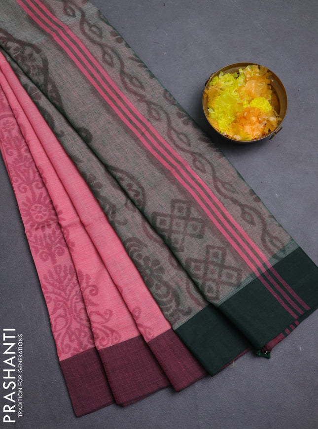 Bengal soft cotton saree peach pink and greyish green with allover weaves and simple border