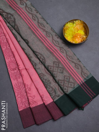 Bengal soft cotton saree peach pink and greyish green with allover weaves and simple border