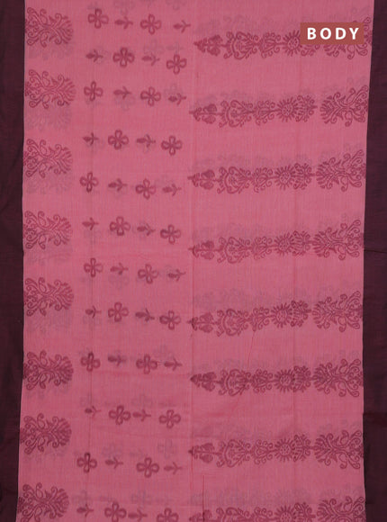Bengal soft cotton saree peach pink and greyish green with allover weaves and simple border