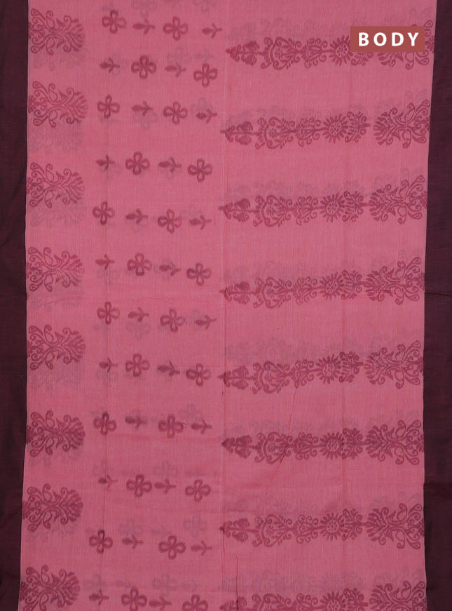 Bengal soft cotton saree peach pink and greyish green with allover weaves and simple border