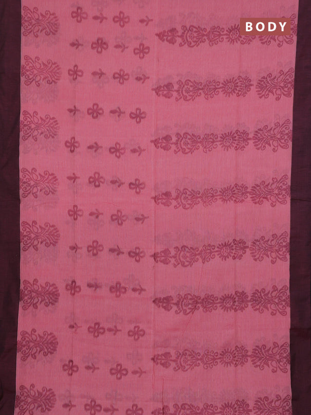 Bengal soft cotton saree peach pink and greyish green with allover weaves and simple border
