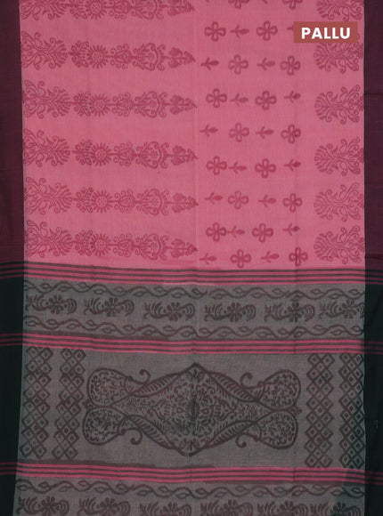 Bengal soft cotton saree peach pink and greyish green with allover weaves and simple border