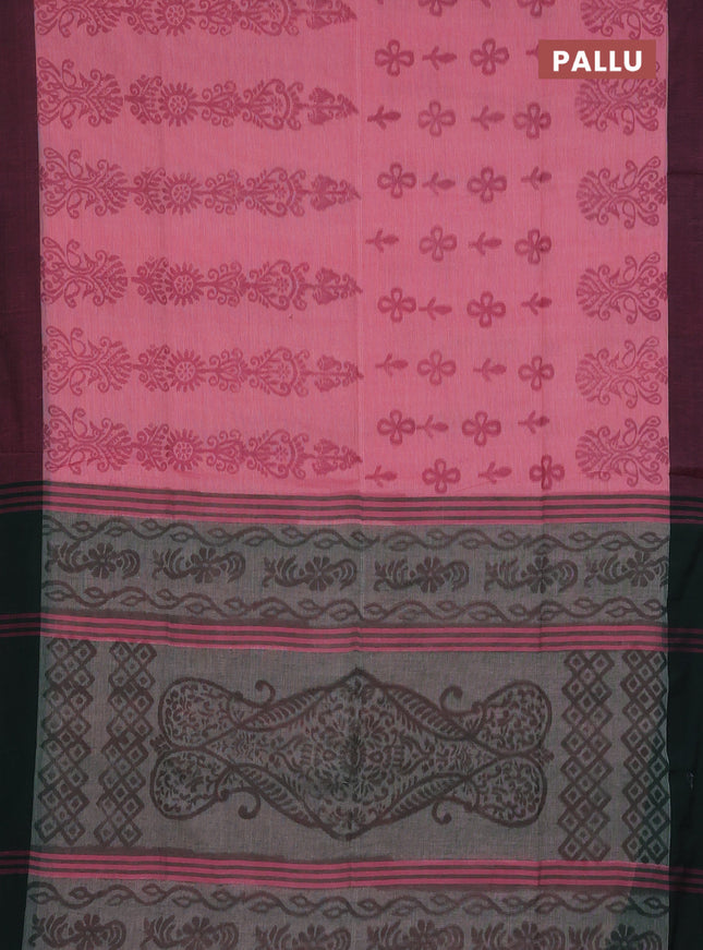 Bengal soft cotton saree peach pink and greyish green with allover weaves and simple border