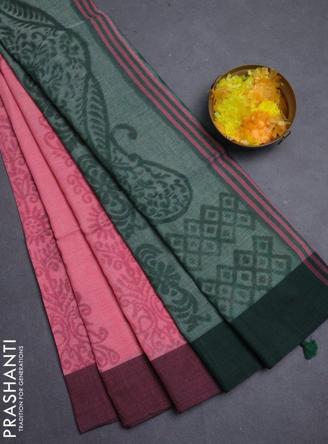 Bengal soft cotton saree pink and green with allover weaves and simple border