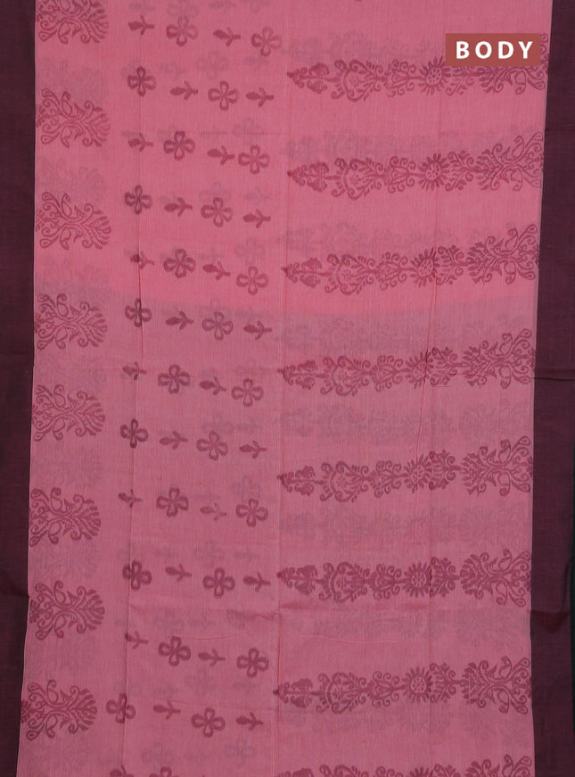 Bengal soft cotton saree pink and green with allover weaves and simple border