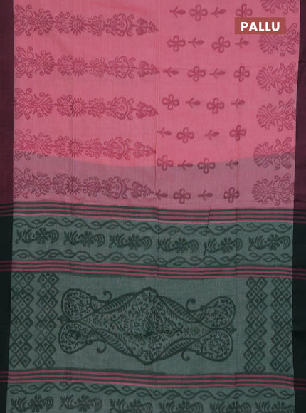 Bengal soft cotton saree pink and green with allover weaves and simple border