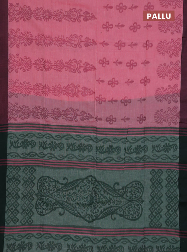 Bengal soft cotton saree pink and green with allover weaves and simple border
