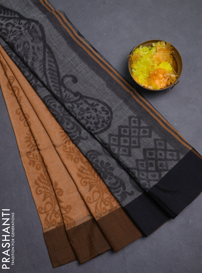 Bengal soft cotton saree dark mustard and grey with allover weaves and simple border